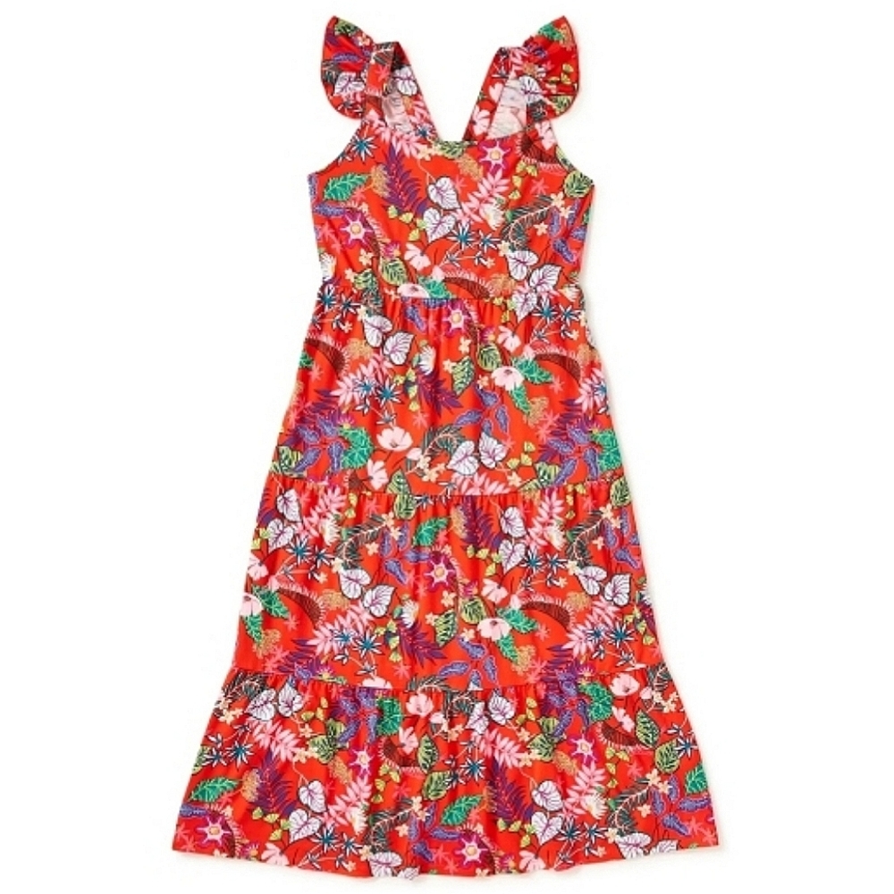 Girls Small 6-6X Red Tropical Colorful & Vibrant Sleeveless Tiered Maxi Dress